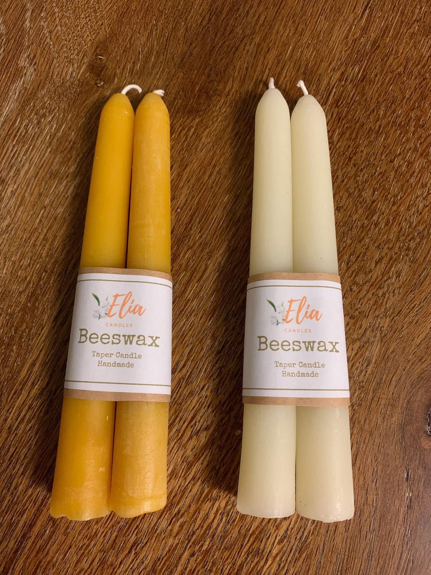 100 % Pure Beeswax Taper Candles ~ 7" Long ~ Set of 4 ~ White Beeswax ~ Yellow Beeswax ~ Hand poured with love.