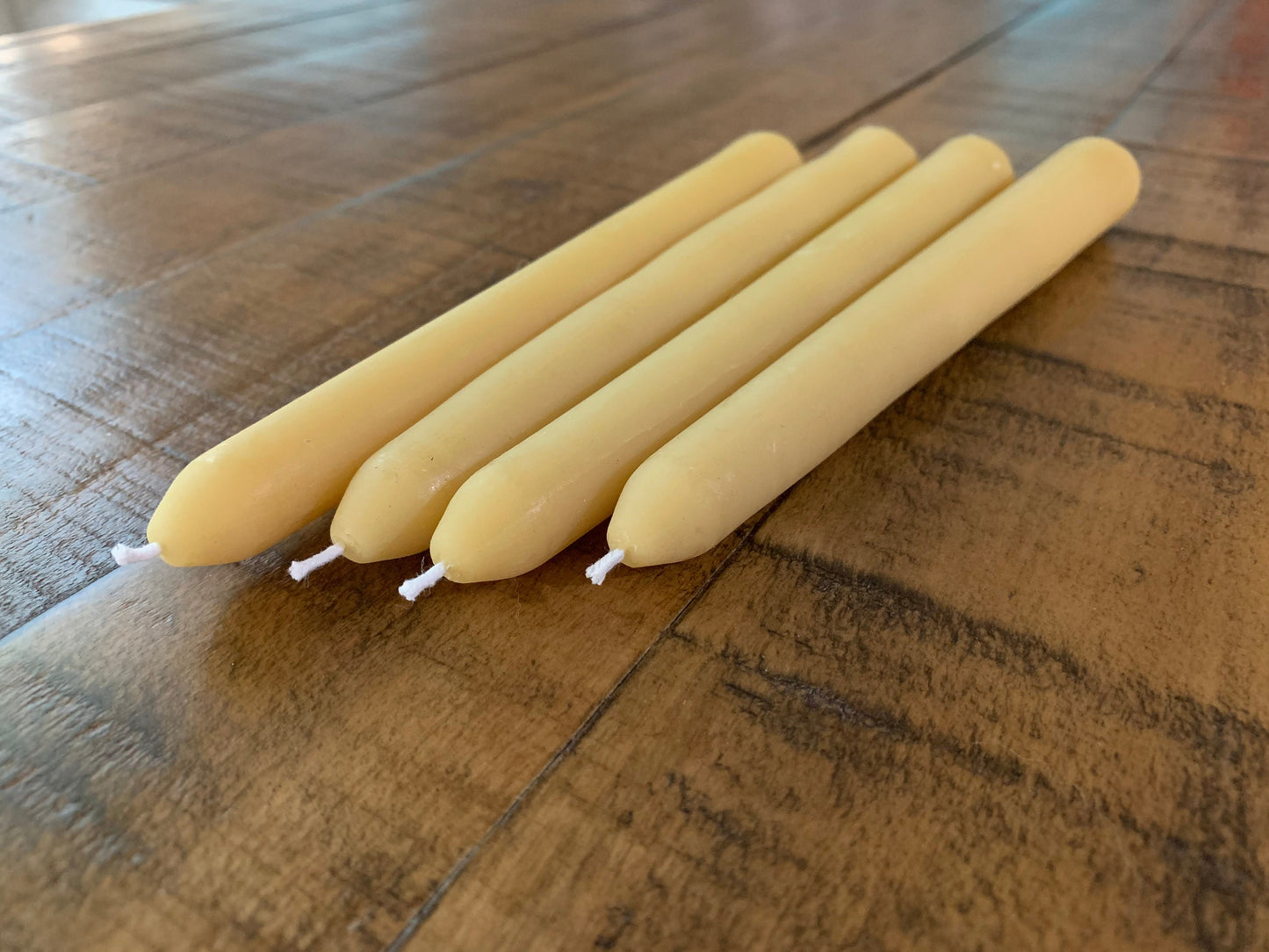 100 % Pure Beeswax Taper Candles ~ 7" Long ~ Set of 4 ~ White Beeswax ~ Yellow Beeswax ~ Hand poured with love.