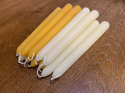 100 % Pure Beeswax Taper Candles ~ 7" Long ~ Set of 4 ~ White Beeswax ~ Yellow Beeswax ~ Hand poured with love.