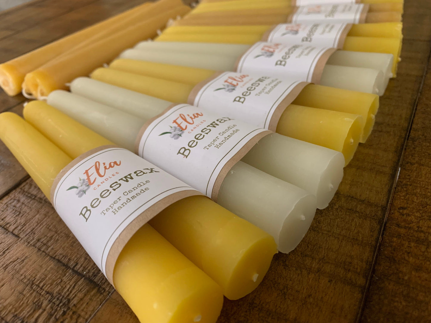100 % Pure Beeswax Taper Candles ~ 7" Long ~ Set of 4 ~ White Beeswax ~ Yellow Beeswax ~ Hand poured with love.
