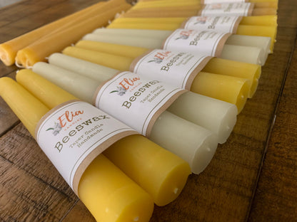 100 % Pure Beeswax Taper Candles ~ 7" Long ~ Set of 4 ~ White Beeswax ~ Yellow Beeswax ~ Hand poured with love.